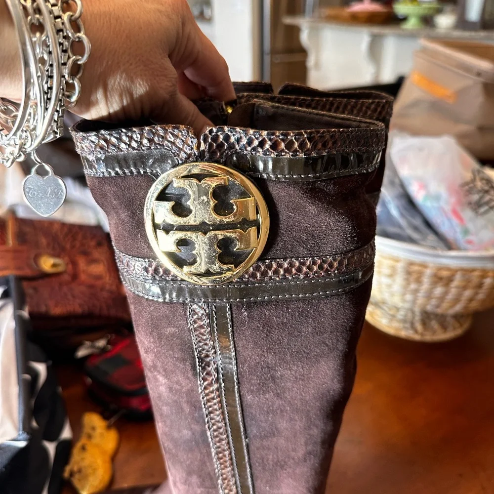 Tori Burch size 7 Brown Gold‎ Sabina suede and snake tall riding heeled boots